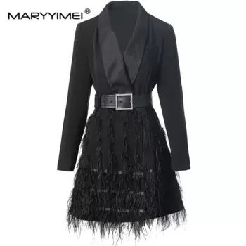 MARYYIMEI женское уличное черное пальто, осеннее и зимнее короткое пальто с длинными рукавами на шнуровке и перьями, украшенное коротким пальто S-3XL
