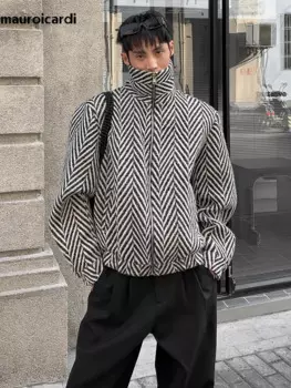 Mauroicardi Осень Зима Толстая теплая теплая красочная елочка Клетчатая шерстяная куртка Мужчины с наплечниками с длинным рукавом и молнией Роскошная дизайнерская верхняя одежда Мужчины куртка из овечьей шерсти мужская