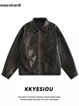Mauroicardi Весна Осень Оверсайз Крутой Красивый Потрепанный Пэчворк Искусственная кожаная куртка Мужчины с молнией с длинным рукавом Роскошная дизайнерская верхняя одежда для мужчин 2024 кожаная куртка мужская
