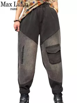 Max LuLu, зимние женские модные свободные полосатые меховые джинсы, женские повседневные винтажные теплые джинсовые брюки, классические лоскутные шаровары