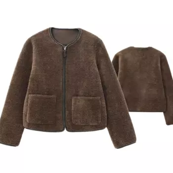 Maxdutti британская минималистичная флисовая лоскутная куртка женские топы с двумя карманами и круглым вырезом зимняя замшевая куртка-бомбер