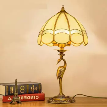 Медная настольная лампа для учебы, светодиодный светильник для журавлей в китайском стиле, стеклянный абажур для чтения, лампа для спальни E14 * 2, свадебная настольная лампа, Abajur