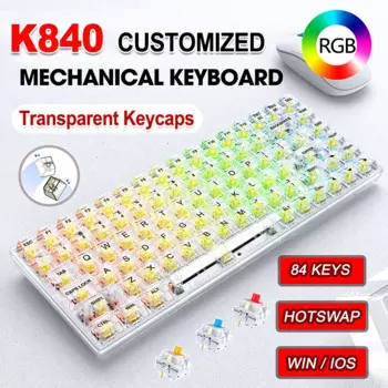 Механическая клавиатура K840, проводная клавиатура с 84 клавишами, RGB, прозрачная, под заказ, Type-C