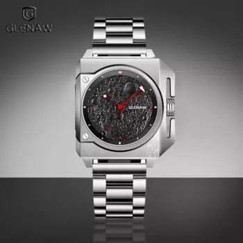 Механические часы GLENAW, уникальный дизайн квадратной формы, лунный циферблат, космический корабль, светящаяся указка, водонепроницаемые высококлассные качественные мужские часы