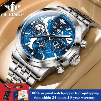 Механические часы OUPINKE 3256 с фазой Луны для мужчин, оригинальные модные ручные часы с автоматической датой, водонепроницаемые деловые мужские часы с платьем