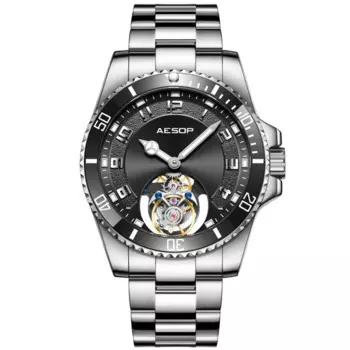 Механические Мужские наручные часы AESOP Flying с турбийоном, часы-скелетоны с сапфировым стеклом 5 бар, водонепроницаемые мужские часы из нержавеющей стали 316L