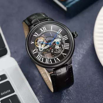 Механические наручные часы с отверстиями, мужские автоматические светящиеся часы в римском стиле, прозрачные механические часы-скелетоны, мужские часы с кожаным ремешком