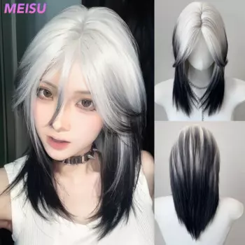 MEISU 18-дюймовый черно-белый парик с головой Mullet Синтетические прямые пушистые натуральные волосы с волчьим хвостом для ежедневного использования