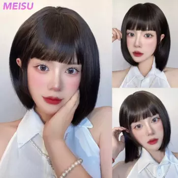MEISU Bob 10-дюймовые Короткие Черные лестничные челки парик из синтетического волокна термостойкий небликовый натуральный косплей ежедневно для женщин