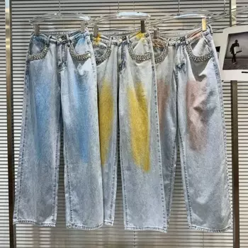 Мешковатые брюки, новинка весны 2024, горячая новинка, джинсы для девушек с отделкой бисером и карманами, женские тяжелые Промышленные брюки с широкими штанинами Y2k