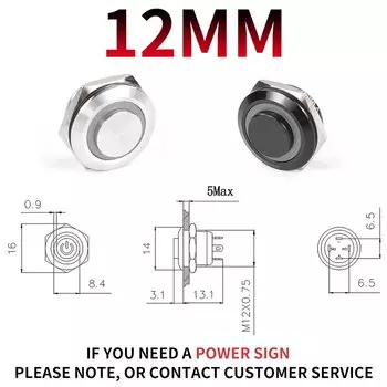 Металлический кнопочный переключатель Pten 12/16/19/22/25/30 мм черный 1NO