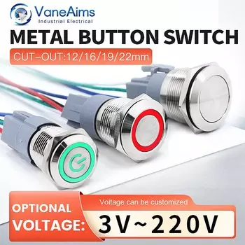 Металлический кнопочный переключатель VaneAims, самоблокирующийся, 12/16/19/22 мм, 12/24/220 В