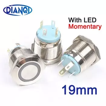 Металлический кнопочный выключатель, 19 мм, водонепроницаемый, нержавеющая сталь, мгновенный/самосброс, не фиксируется, 1NO, с кольцевой подсветкой, 19hx.f. K4