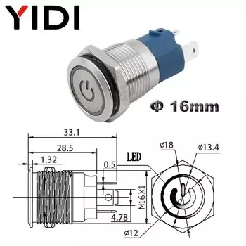 Металлический светодиодный выключатель YIDI 16 мм 10А 12В 220В