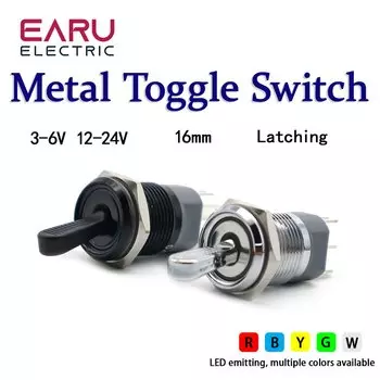 Металлический тумблер EARUELECTRIC 16 мм 10А с подсветкой красный/зеленый