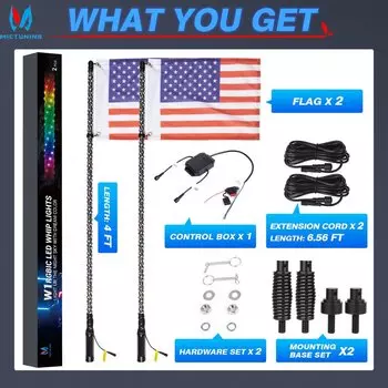 MICTUNING 2 шт. 4 фута светодиодные фонари для управления приложением, спиральные гибкие RGB + IC, погоня цвета антенны, основание из алюминиевого сплава для грузовика