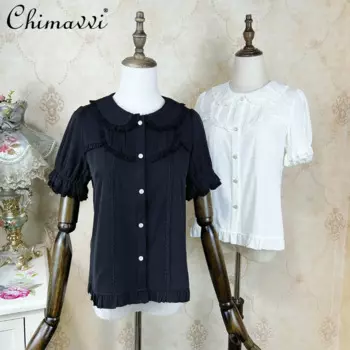 Милая Базовая Блузка в стиле Лолиты, кружевная рубашка с внутренним воротником и кукольным воротником, летняя модная однотонная милая блузка с пышными короткими рукавами для девочек