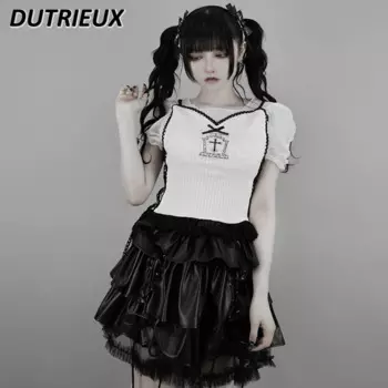 Милая Кружевная футболка в японском стиле серии Mine, короткий топ для девочек, сетчатая комбинированная футболка с коротким рукавом и боковым ремешком