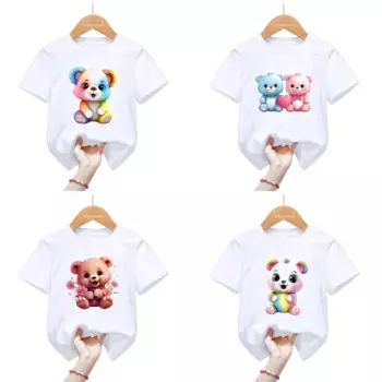 Милая, милая, радужная футболка с маленьким медведем, подарок для мальчиков и девочек, детская одежда в стиле Харадзюку, женская футболка с коротким рукавом