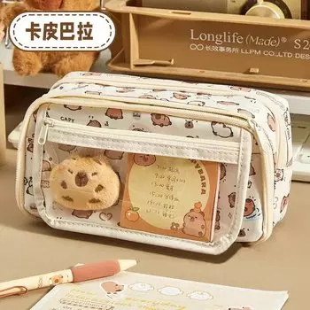 Милая мультяшная сумка-карандаш, чехол для ручки, капибара, собака, кошка, откидная крышка, прозрачная передняя сумка с несколькими карманами для хранения канцелярских принадлежностей
