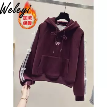 Милая женская одежда 2024, осенне-зимняя свободная кружевная бархатная утолщенная хлопковая толстовка с объемным бантом и капюшоном, женская