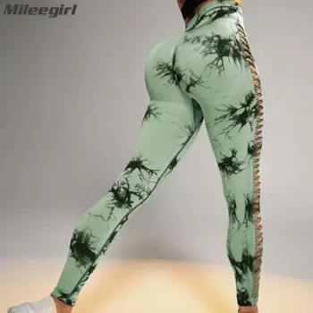 Mileegirl полые женские штаны для йоги с высокой талией, спортивные леггинсы с принтом тай-дай, колготки для спортзала и фитнеса, бесшовные штаны для бега для тренировок
