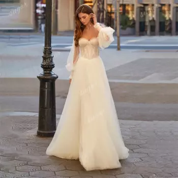Милое иллюзионное Тюлевое свадебное платье, элегантное ТРАПЕЦИЕВИДНОЕ платье для невесты, свадебные платья с пышными рукавами, женское свадебное платье