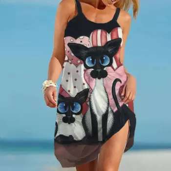 Милое пляжное платье на бретельках с мультяшным котом, летнее Привлекательное платье без рукавов с 3D-принтом, сарафан, праздничная Гавайская ночная рубашка