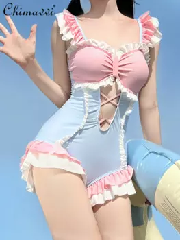Милые цельнокроеные костюмы в стиле Лолиты для девочек, одежда для плавания, Новинка лета 2024, соблазнительный весенний раздельный купальник без рукавов для женщин