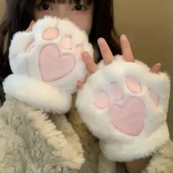 Милые искусственные плюшевые перчатки, женские зимние теплые короткие перчатки без пальцев, пушистые рукавицы с медведем, кошкой, Костюмные рукавицы с полупальцами