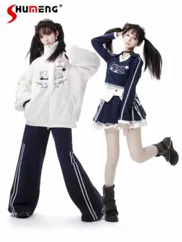 Милые крутые утепленные плюшевые зимние пальто в консервативном стиле с вышитым воротником-стойкой на молнии, женские повседневные спортивные брюки с высокой талией