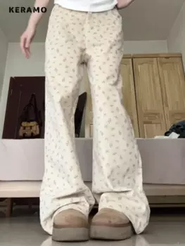 Милые мешковатые джинсовые брюки Y2K с принтом 1920-х годов, Женские винтажные повседневные брюки с эффектом потертости, женские джинсы в стиле ретро с высокой талией