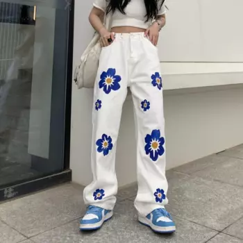 Милые мешковатые джинсы в Корейском стиле, женские весенне-летние брюки с дыхательным током и цветочным узором, винтажные широкие брюки с высокой талией, Y2k