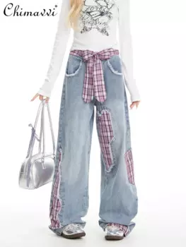 Милые милые уличные брюки в американском стиле со шнуровкой и бантом в клетку сращивающиеся синие джинсовые длинные брюки модные прямые широкие джинсы с высокой талией для женщин
