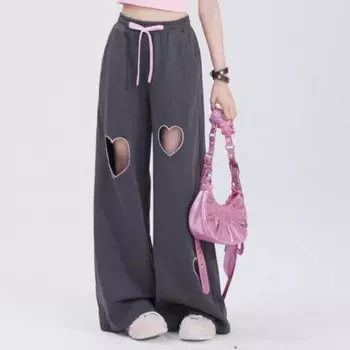 Милые Молодежные винтажные повседневные брюки с вырезами Love, Женские однотонные летние прямые свободные брюки с высокой талией, завязками и карманами