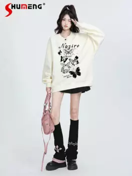 Милые японские Топы в стиле преппи Y2K, Свободный Повседневный пуловер с круглым вырезом и длинным рукавом и мультяшным принтом, свитшоты для женщин на осень