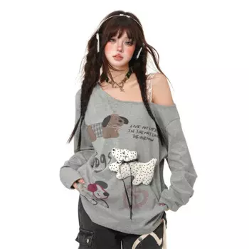 Милые серые толстовки с 3D рисунком Y2k, эстетичные женские свободные топы с открытыми плечами и кружевом, толстовка большого размера с принтом
