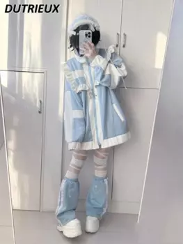 Милый японский кардиган на молнии, свитшот с воротником-стойкой в стиле пэчворк, женское Свободное пальто с оборками на осень и зиму