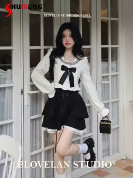 Милый японский приталенный Повседневный Белый укороченный топ в стиле преппи с оборками и матросским воротником с бантом и расклешенными длинными рукавами, Женская Весенняя рубашка 2024