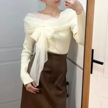 Милый вязаный свитер на шнуровке с рюшами и бантом, однотонный универсальный темпераментный свитер с длинными рукавами, простой осенне-зимний джемпер в японском стиле