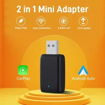 Mini-Box 2-в-1 Carplay Android Auto Адаптер Smart Dongle Plug&Play 5G WiFi BT 5.0 Auto Connect OTA Обновление Беспроводного К...