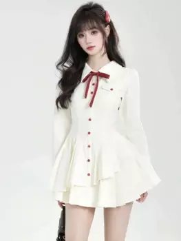 Мини-платье в стиле преппи, Осеннее однотонное однобортное платье-трапеция с отложным воротником и длинным рукавом, повседневное плиссированное платье