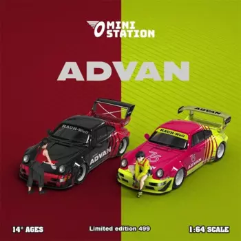 Мини-станция 1:64 RWB 964 ADVAN и мотоцикл с фигуркой Limited 499 Литая под давлением модель автомобиля