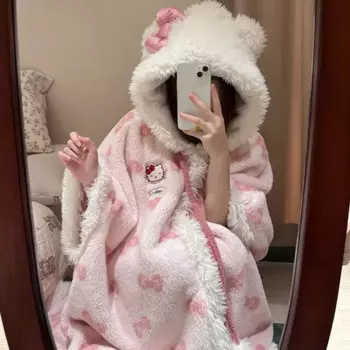Miniso плюшевые халаты с капюшоном Hellokitty для девочек, милые пижамы в стиле аниме Sanrio, одеяло высокого качества, повседневная флисовая одежда для сна, женская одежда