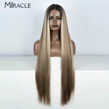 MIRACLE Синтетические парики фронта шнурка для женщин Прямой парик Синтетические парики шнурка 38-дюймовые парики для косплея Светлый розовый парик Длинные искусственные волосы