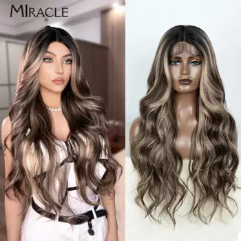 MIRACLE Синтетический 28-дюймовый парик фронта шнурка для женщин Парик Объемная волна Рыжий искусственный парик Светлый парик Косплей Женские парики шнурка