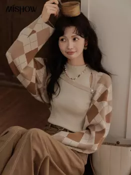 MISHOW женский вязаный кардиган с рисунком Argyle, осенний свободный свитер с рукавами «летучая мышь», кардиган из пряжи с пуговицами MXD42Z0698