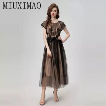 MIUXIMAO 2024 летнее элегантное красивое женское однотонное платье с круглым вырезом и коротким рукавом для путешествий тонкое платье с вышивкой бриллиантами длинное платье с поясом