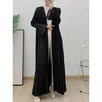 Miyake 2024, модный плиссированный женский плащ с градиентом и v-образным вырезом, свободный длинный кардиган, куртка, женская осенняя новая одежда