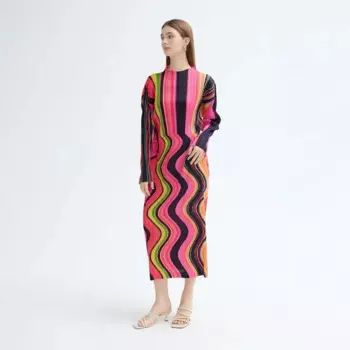 Miyake 2024, осеннее новое платье, повседневное простое длинное платье с принтом и полувысоким воротником для женщин, модное мятатое платье с длинными рукавами